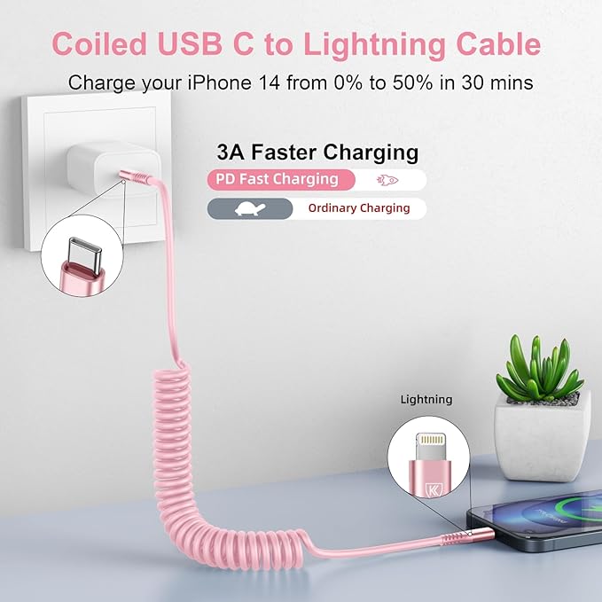 KIYODA USB C to Lightning Cable 3FTfor Car, Coiled iPhone Charger Fast Charging