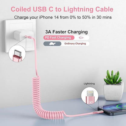 KIYODA USB C to Lightning Cable 3FTfor Car, Coiled iPhone Charger Fast Charging