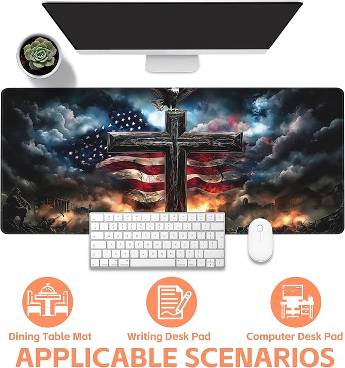Mouse Pad Large A Cross with an Eagle Non-Slip Game Desk Mat with Stitched Edge