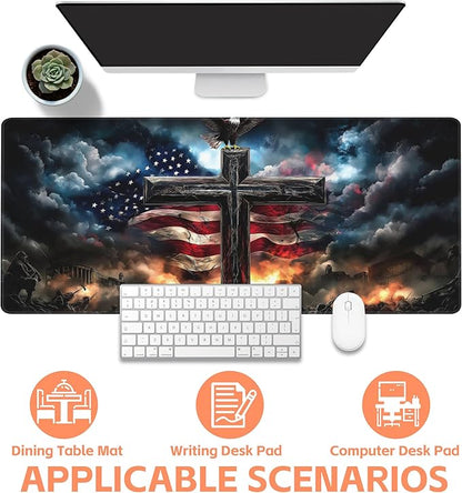 Mouse Pad Large A Cross with an Eagle Non-Slip Game Desk Mat with Stitched Edge