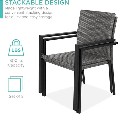 Best Choice Products Set of 2 Stackable Outdoor Wicker Dining Chairs All-Weather Firepit Armchair w/Armrests, Steel Frame for Patio, Deck, Garden, Yard - Gray