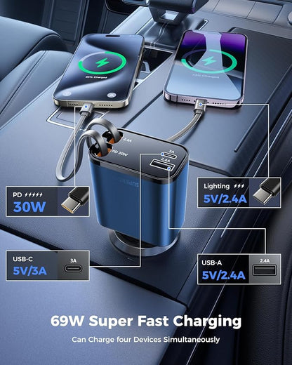 4 in 1 Retractable Car Charger, SUPERONE Smaller Fast Car Phone Charger 69W