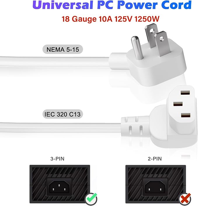 Adoreen 10 Ft Computer TV Replacement Power Cord White, Low Profile Flat Plug