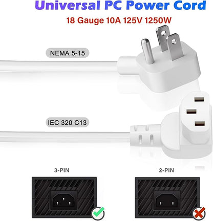 Adoreen 10 Ft Computer TV Replacement Power Cord White, Low Profile Flat Plug