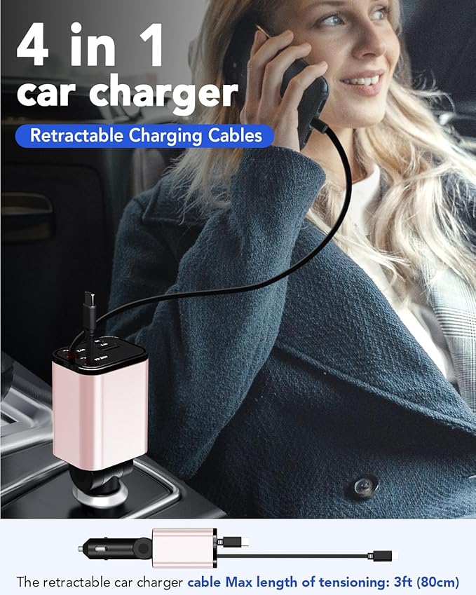 Retractable Car Charger, 4 in 1 Fast Car Phone Charger 69W, 2 Retractable