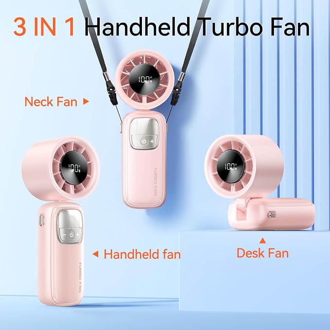 3-in-1 Portable Handheld Turbo Fan-100 Speeds, 15000 RPM, 10Hrs Cooling