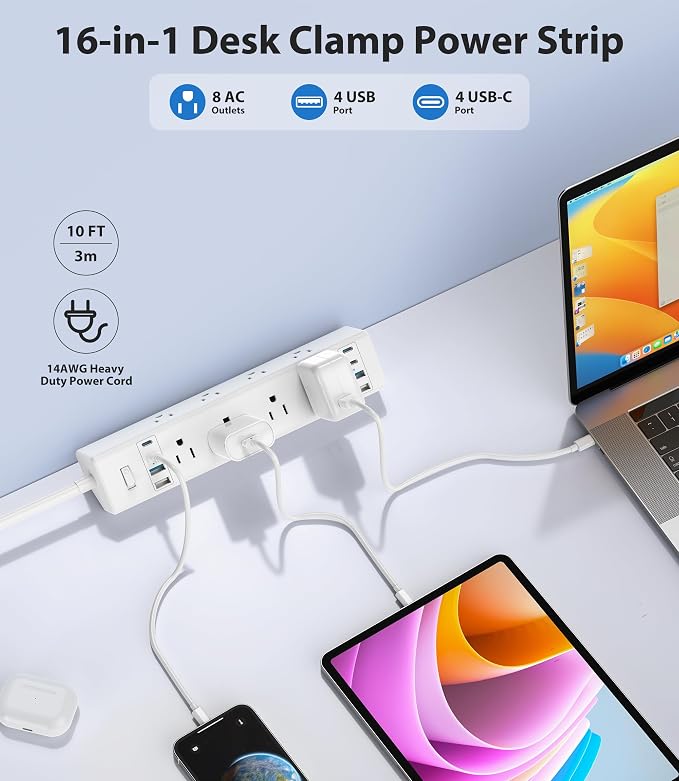 40W Fast Charging Station, Desk Clamp Power Strip 20W USB C, 8 Outlets