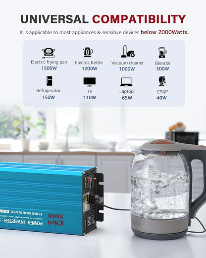 2000 Watt Inverter Pure Sine Wave DC 24V to 110V/120V AC Power Inverters