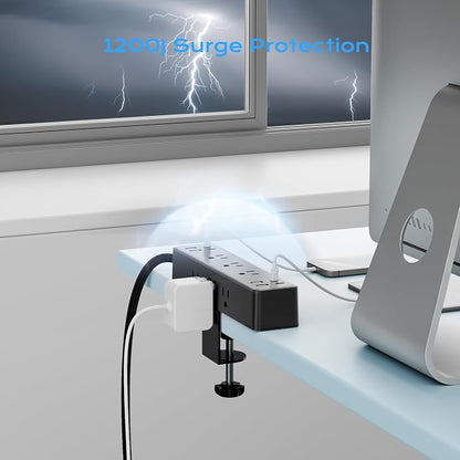 Flat Plug Desk Clamp Power Strip 10FT, 40W Total Fast Charging Station