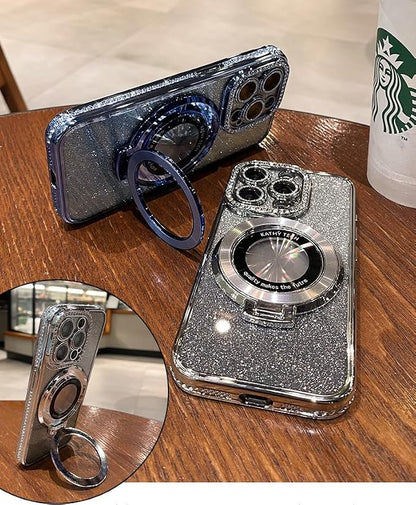 Magnetic Kickstand Case for iPhone 15 14 13 12 Pro Max Sparkling Diamond Cover