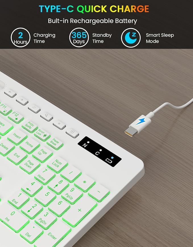 Wireless Keyboard with 7 Colored Backlit, Wrist Rest, Phone Holder,