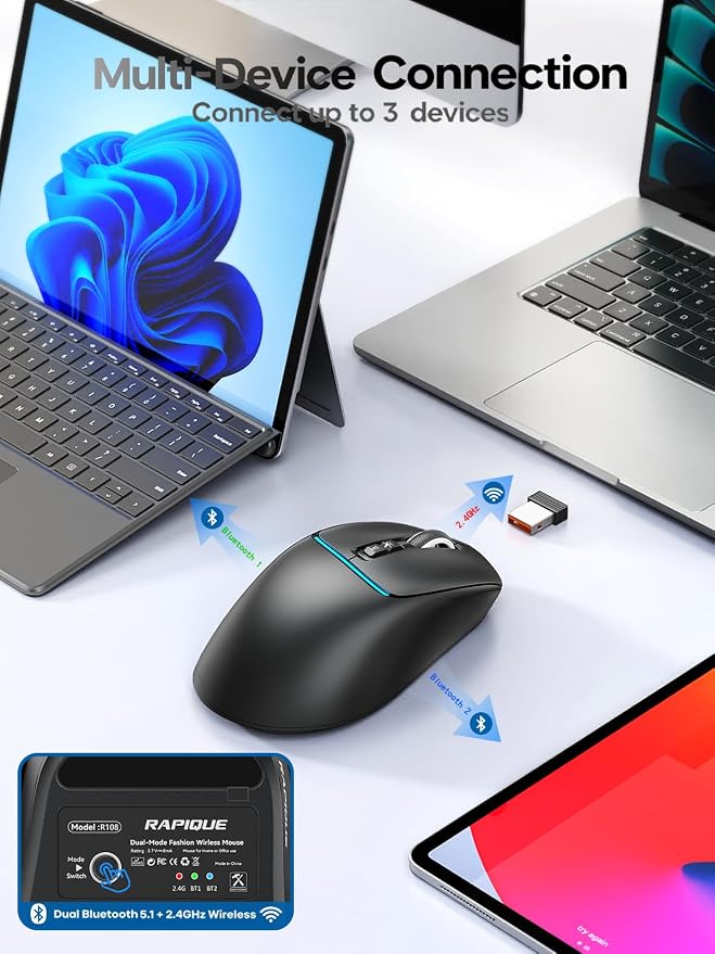 R108 Bluetooth Wireless Mouse – Dual Bluetooth ＆ 2.4GHz USB Receiver, 4 DPI