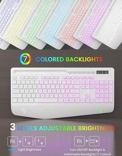Wireless Keyboard with 7 Colored Backlit, Wrist Rest, Phone Holder,
