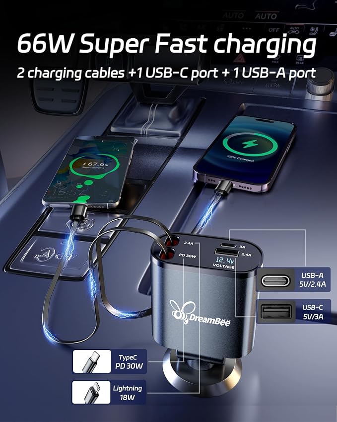 DreamBee Retractable Car Charger, 66W 4 in 1 Super Fast Charge Car Phone Charger