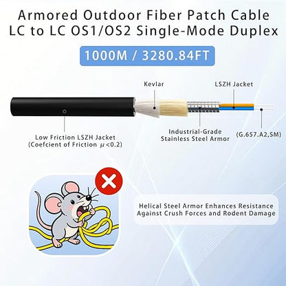 1000M/3281FT LC to LC Armored Outdoor Fiber Optic Cable, Single Mode Duplex