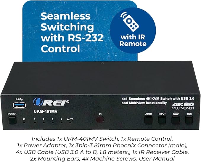 OREI 4x1 KVM HDMI Seamless Switch Multiviewer, Share Multiple Devices, Gaming