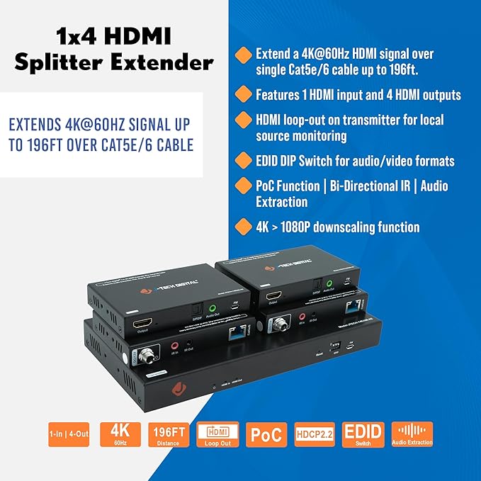 J-Tech Digital HDMI Extender Splitter 4K 60Hz 1 in 4 Out Over Single Cat5e/6