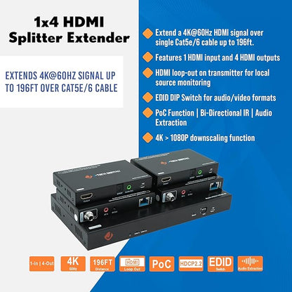 J-Tech Digital HDMI Extender Splitter 4K 60Hz 1 in 4 Out Over Single Cat5e/6