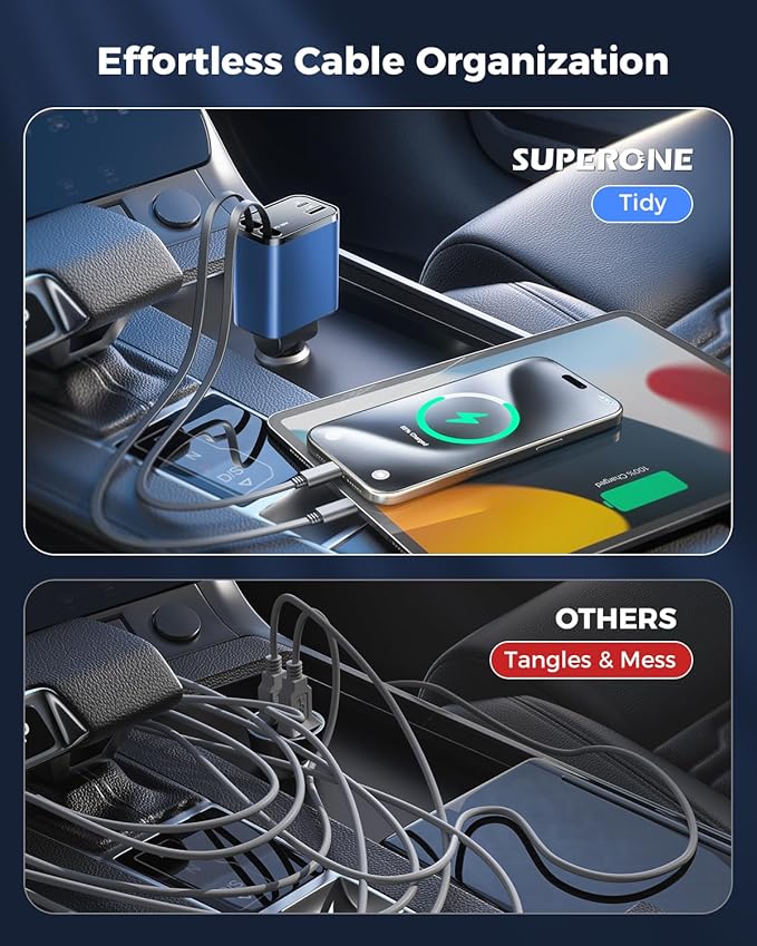 4 in 1 Retractable Car Charger, SUPERONE Smaller Fast Car Phone Charger 69W
