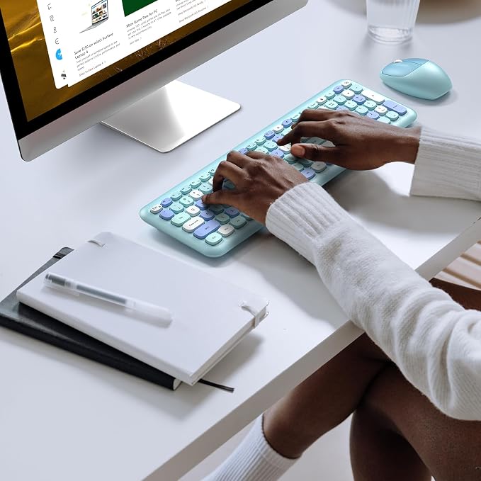 KNOWSQT Wireless Keyboard and Mouse Combo, Pale Blue Full-Sized 2.4G Silent