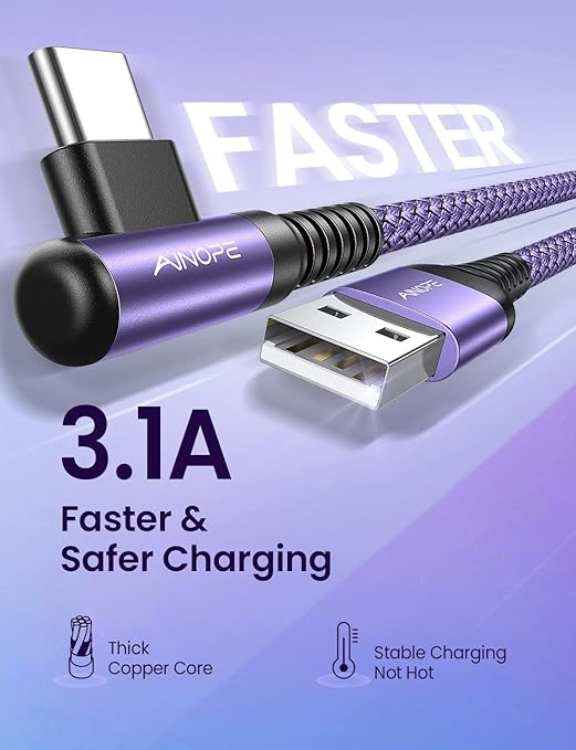 AINOPE 4-Pack USB C Cable, 3.1A C Charger Cable Fast Charging, Right Angle Type