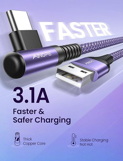 AINOPE 4-Pack USB C Cable, 3.1A C Charger Cable Fast Charging, Right Angle Type