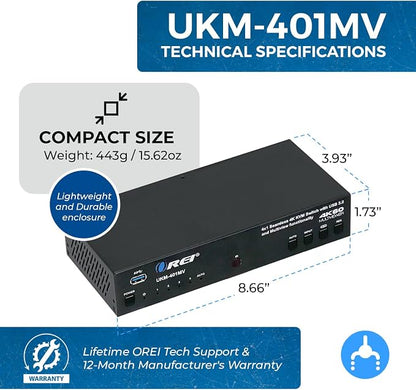 OREI 4x1 KVM HDMI Seamless Switch Multiviewer, Share Multiple Devices, Gaming