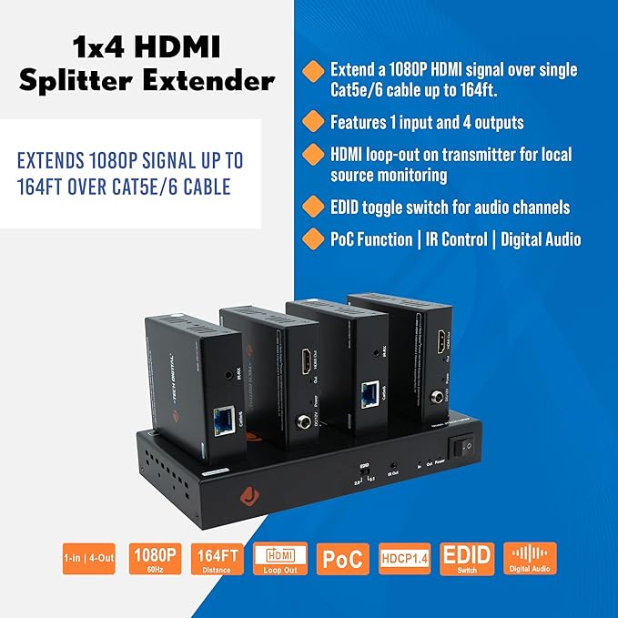 J-Tech Digital HDMI Extender Splitter 1x4 Over Single Cat5e/6 Ethernet Cable Up