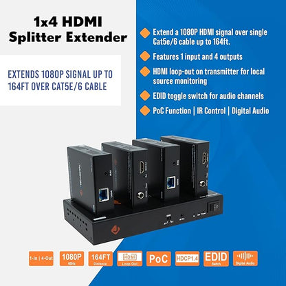 J-Tech Digital HDMI Extender Splitter 1x4 Over Single Cat5e/6 Ethernet Cable Up