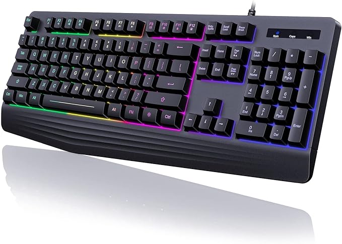 Gaming Keyboard, 7-Color Rainbow LED Backlit, 104 Keys Quiet Light Up Keyboard