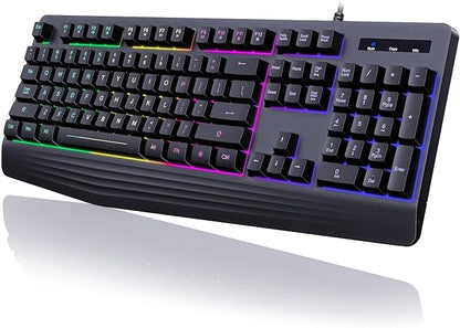 Gaming Keyboard, 7-Color Rainbow LED Backlit, 104 Keys Quiet Light Up Keyboard