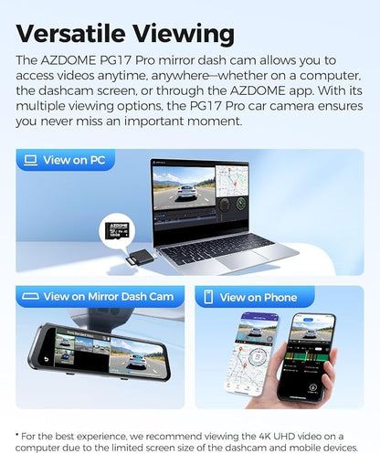 AZDOME PG17 Pro Mirror Dash Cam Front and Rear