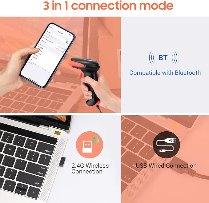 Tera Pro Wireless 2D QR Barcode Scanner 3 in 1 Bluetooth & 2.4GHz Wireless &