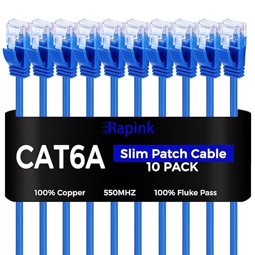 Rapink Patch Cables Cat6a 0.5ft Slim, Cat6a Ethernet Patch Cable 10G Support