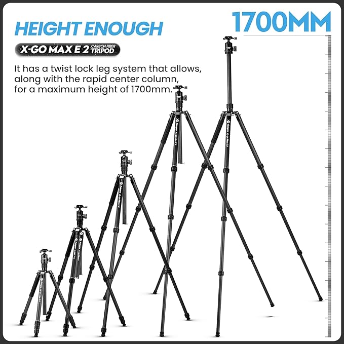 Fotopro 68" Carbon Fiber Travel Tripod, Heavy Duty Camera Tripod