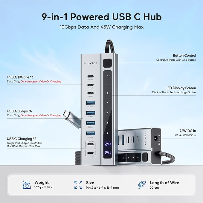 Powered USB C Hub, PULWTOP 9-in-1 USB-Hub suppprt 10Gbps & PD 45W Max Charging
