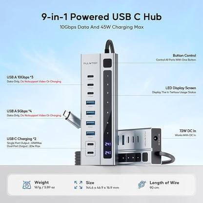 Powered USB C Hub, PULWTOP 9-in-1 USB-Hub suppprt 10Gbps & PD 45W Max Charging