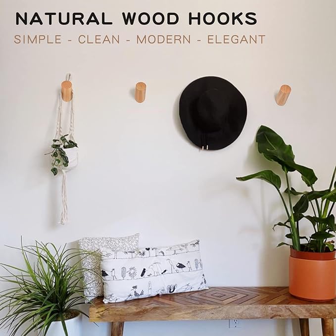 Wood Wall Hooks, 6 Pack Natural Wooden Coat Hooks Wall-Mounted, Rustic Heavy
