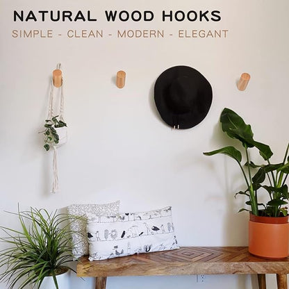 Wood Wall Hooks, 6 Pack Natural Wooden Coat Hooks Wall-Mounted, Rustic Heavy