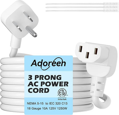Adoreen 10 Ft Computer TV Replacement Power Cord White, Low Profile Flat Plug