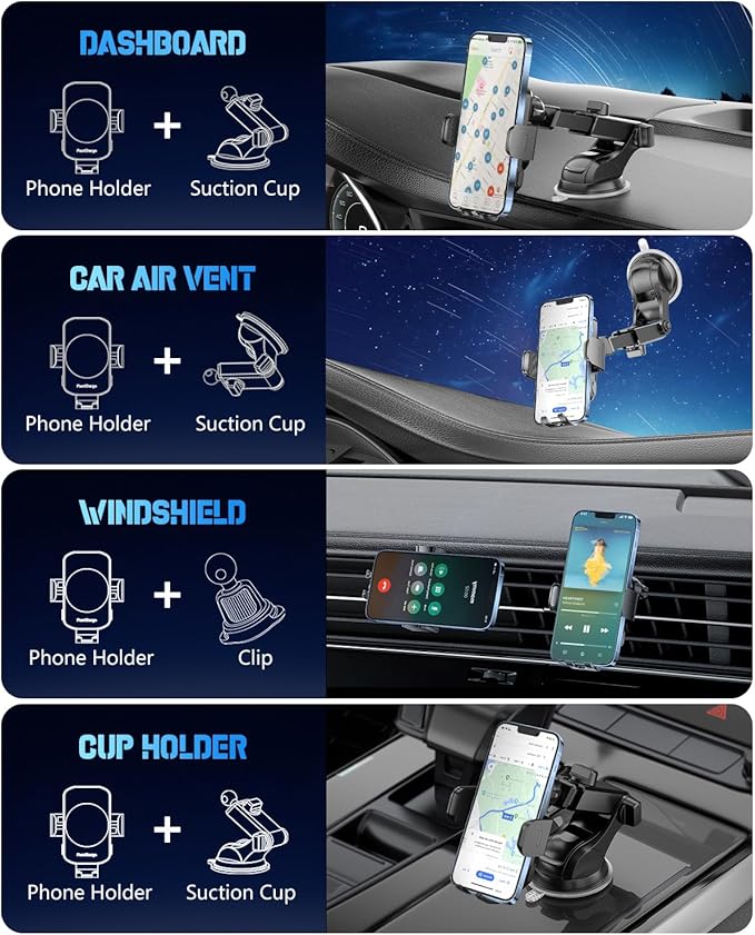 Wireless Car Charger, Fast Charging Phone Holder 3 in 1 Phone Mount Auto
