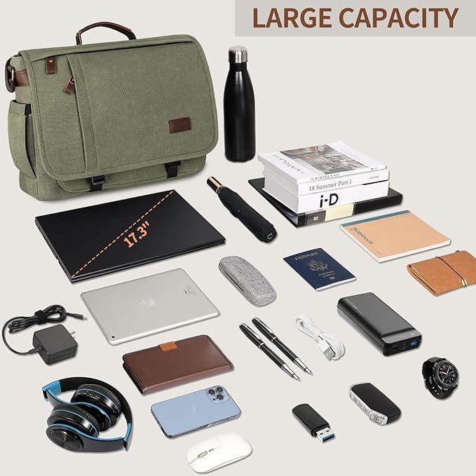 ESTARER Men's Messenger Bag 17.3 Inch, Water-resistant Canvas Laptop Bag