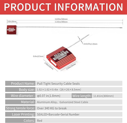 100 Red Steel Cable Seals With Barcode