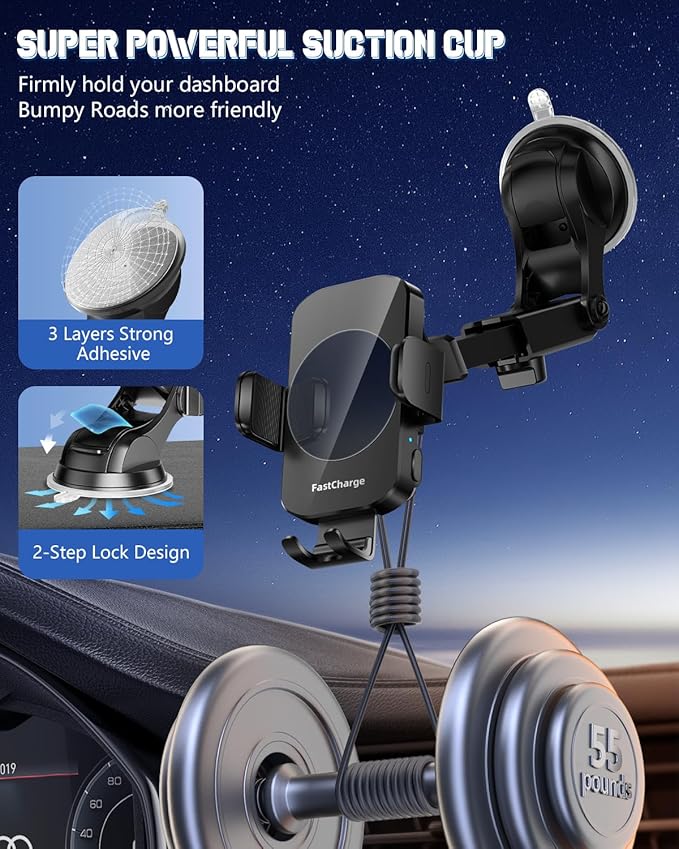 Wireless Car Charger, Fast Charging Phone Holder 3 in 1 Phone Mount Auto