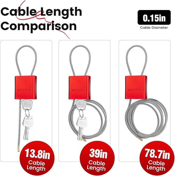 Cable Padlock with 3 Keys | L 1.15ft, D 1/6in Adjustable Steel Cable Lock |