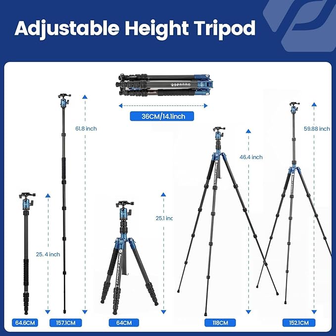 Fotopro 59" Carbon Fiber Travel Tripod, Compact Camera Tripod