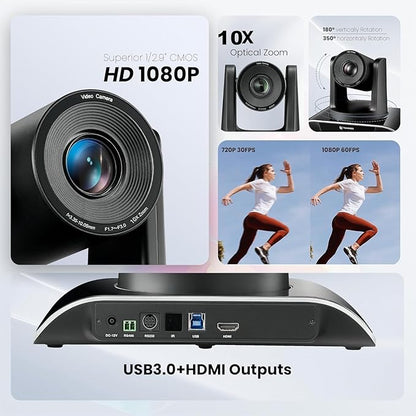 TONGVEO 10x Zoom Conference Room Video Camera System, All-in-One HD 1080P 60fps