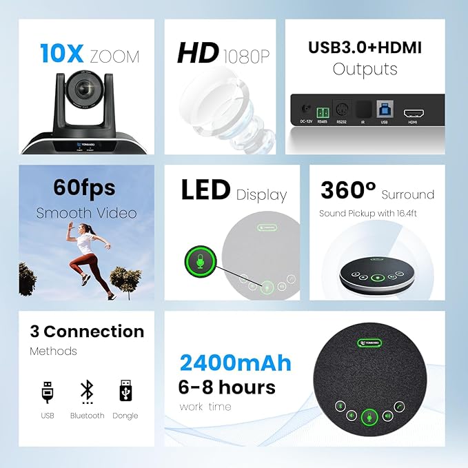 TONGVEO 10x Zoom Conference Room Video Camera System, All-in-One HD 1080P 60fps