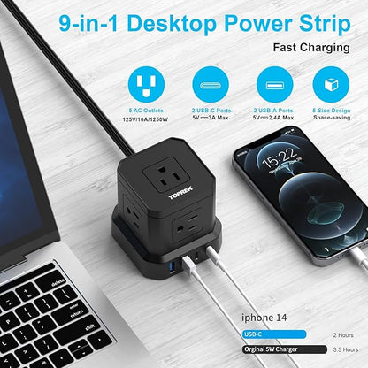 Power Strip with USB, USB C Power Strip with 5 Outlets, 2 USB-C & 2 USB-A