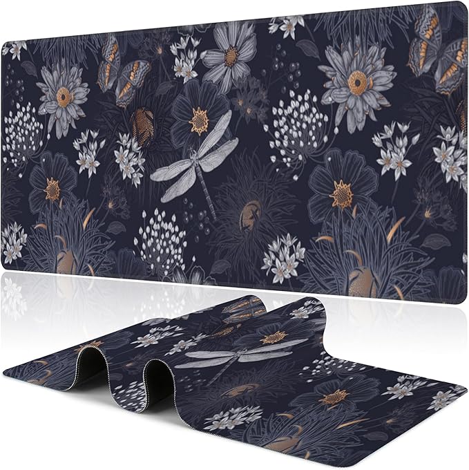 Wildflowers and Insects Desk Mat, Large Cute Flowers Butterflies and